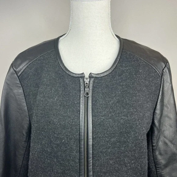 Eileen Fisher Black Leather Wool Zip Up Jacket Size M Moto